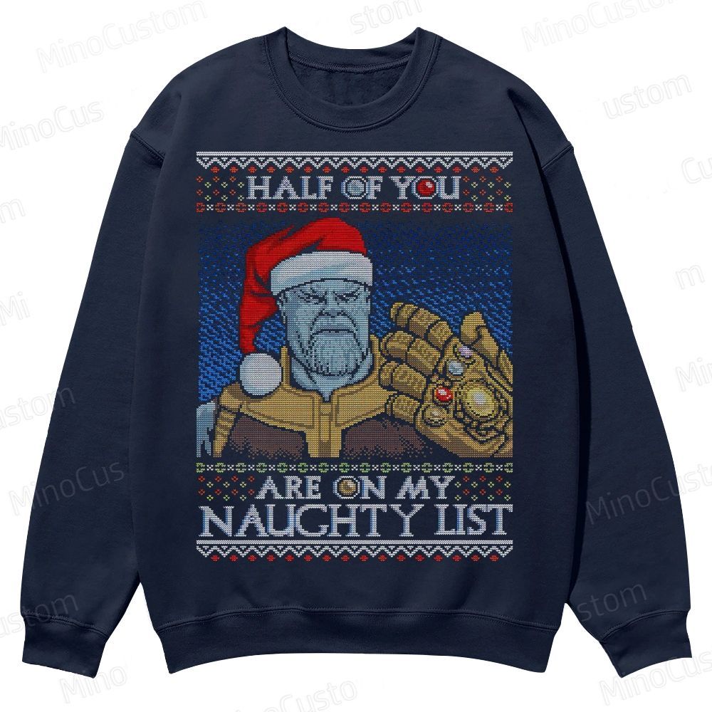 Infinity Gauntlet Holiday Graphic with Naughty List Quote Casual Crewneck Sweatshirt 