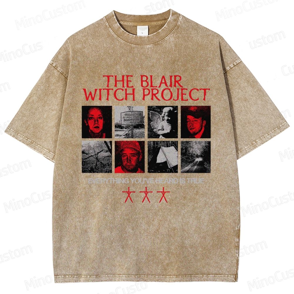 Horror Collage and Text Themed Washed T - Shirt