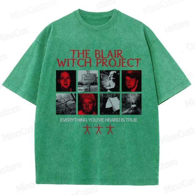 Horror Collage and Text Themed Washed T - Shirt