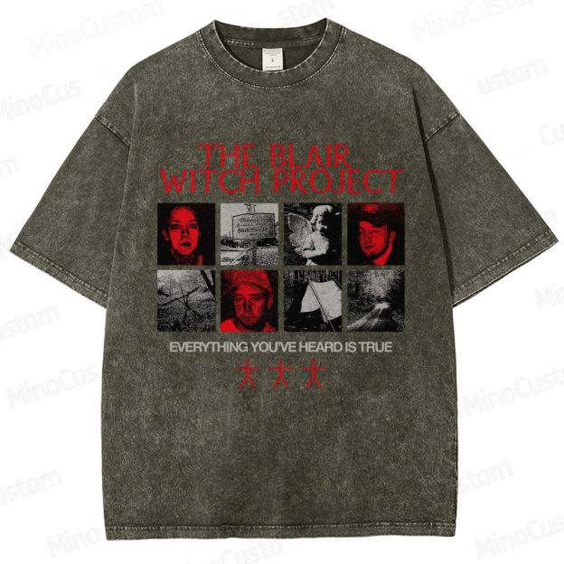 Horror Collage and Text Themed Washed T - Shirt