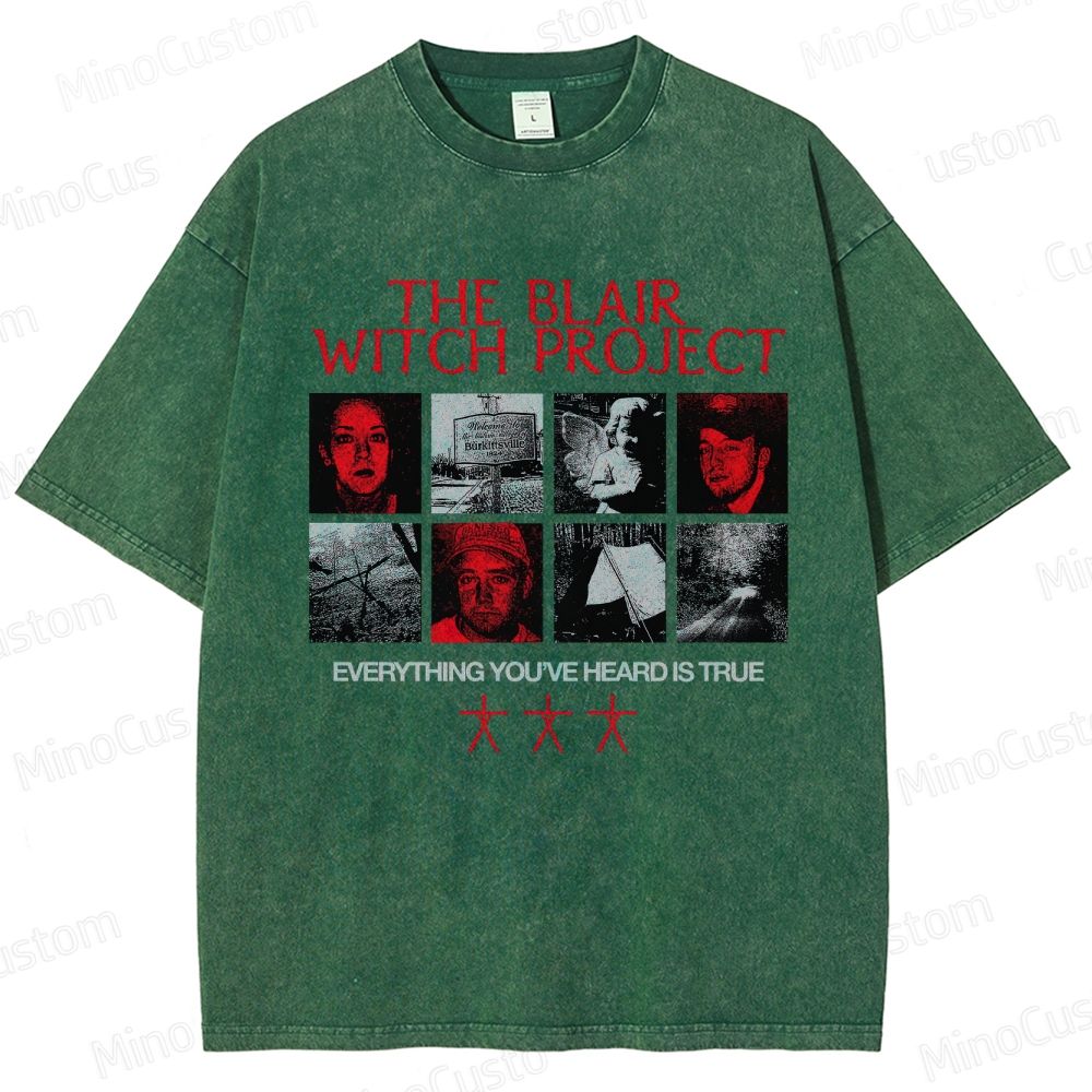 Horror Collage and Text Themed Washed T - Shirt
