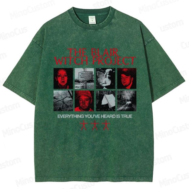 Horror Collage and Text Themed Washed T - Shirt