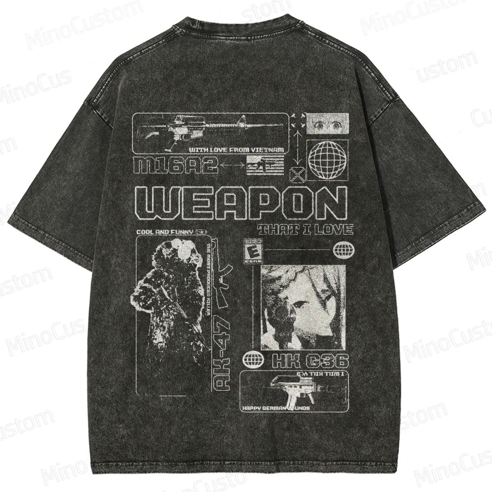 Weapon and Graphic Design Themed Washed T - Shirt