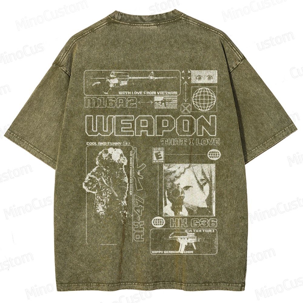 Weapon and Graphic Design Themed Washed T - Shirt