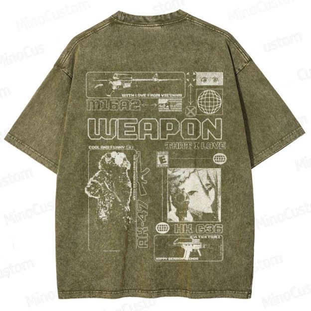 Weapon and Graphic Design Themed Washed T - Shirt