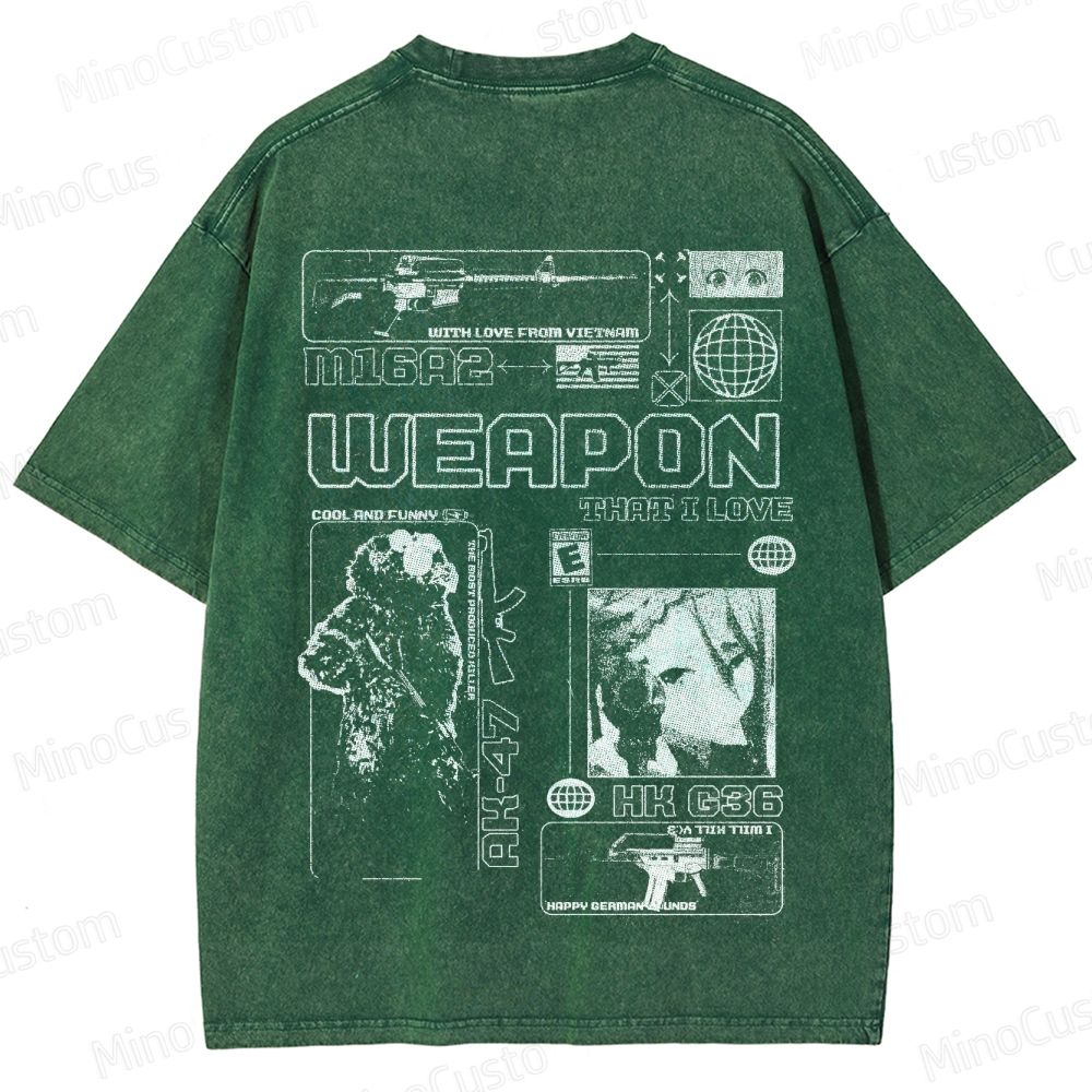 Weapon and Graphic Design Themed Washed T - Shirt