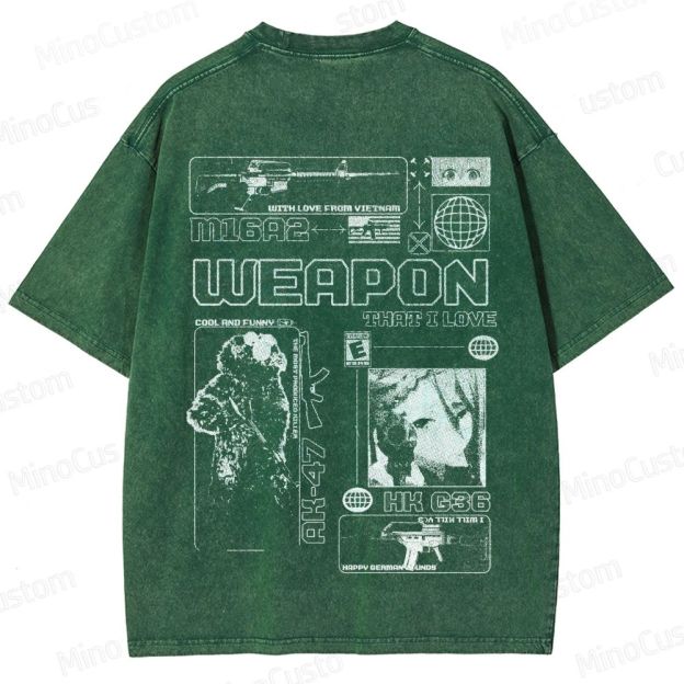 Weapon and Graphic Design Themed Washed T - Shirt