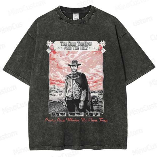 Western Character and Text Themed Washed T - Shirt