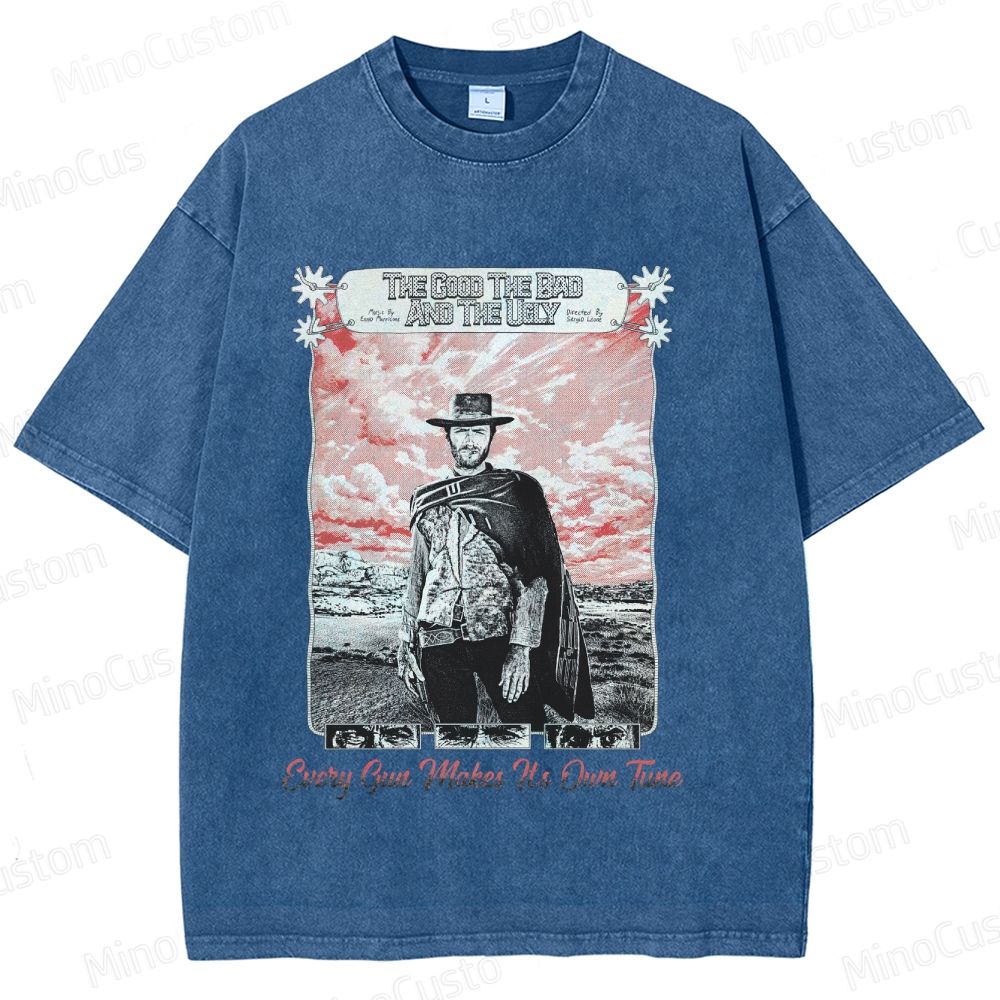 Western Character and Text Themed Washed T - Shirt