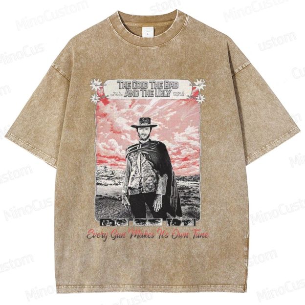 Western Character and Text Themed Washed T - Shirt