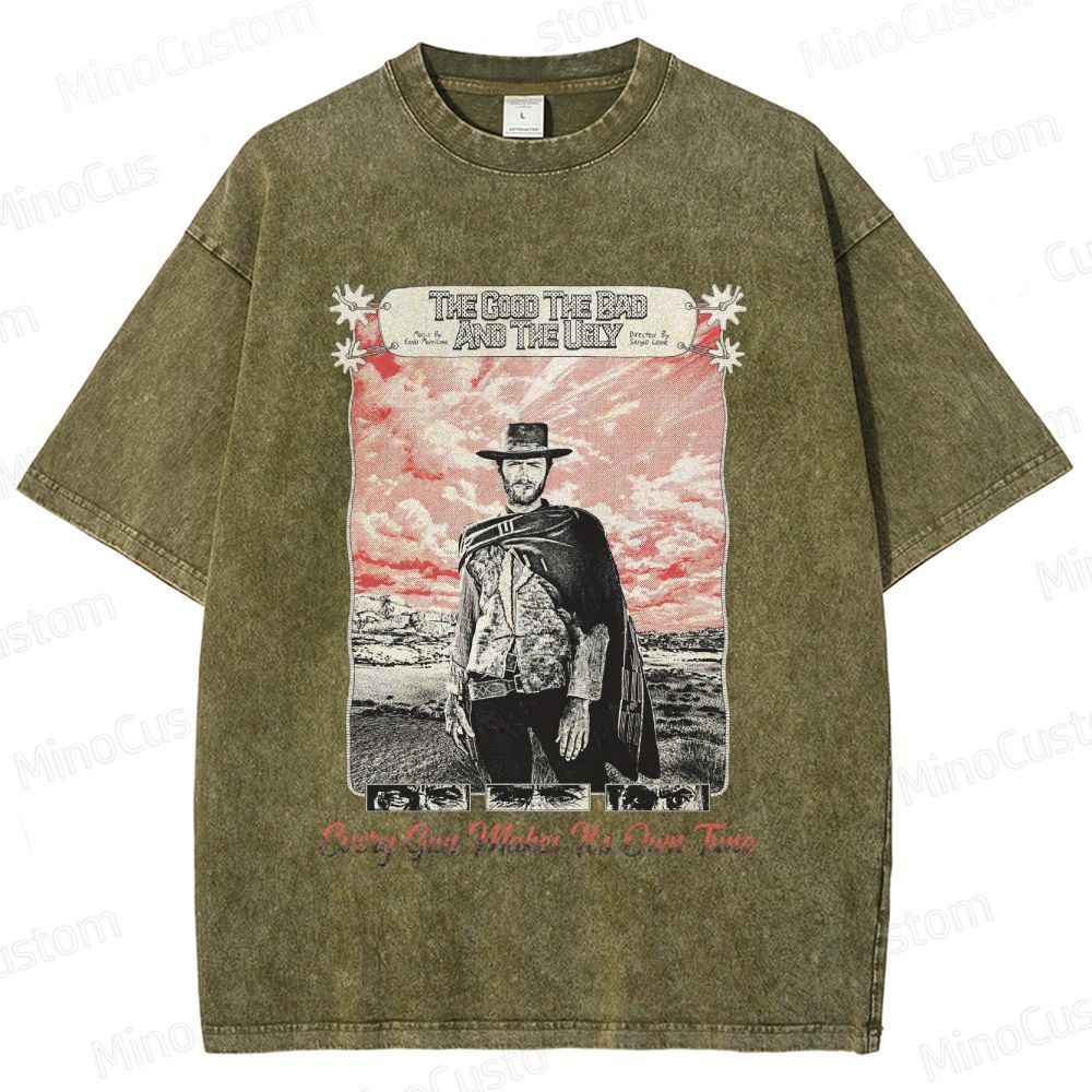 Western Character and Text Themed Washed T - Shirt