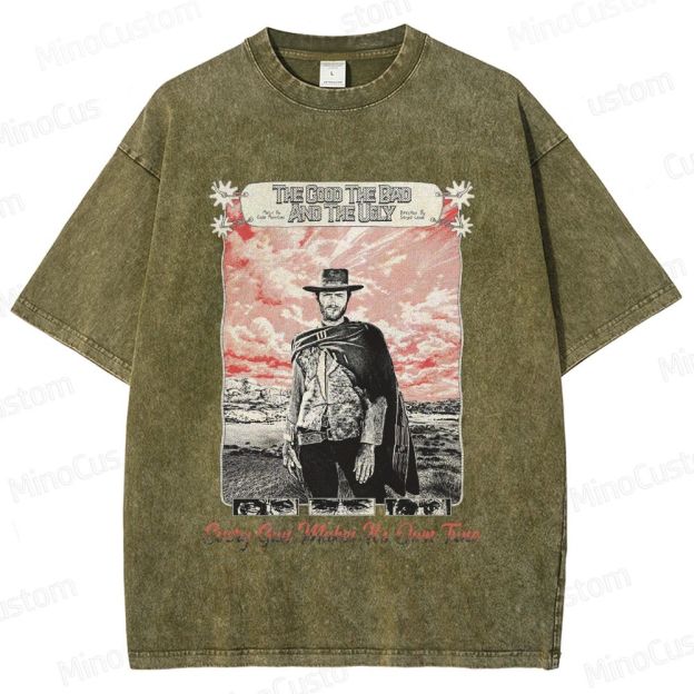 Western Character and Text Themed Washed T - Shirt