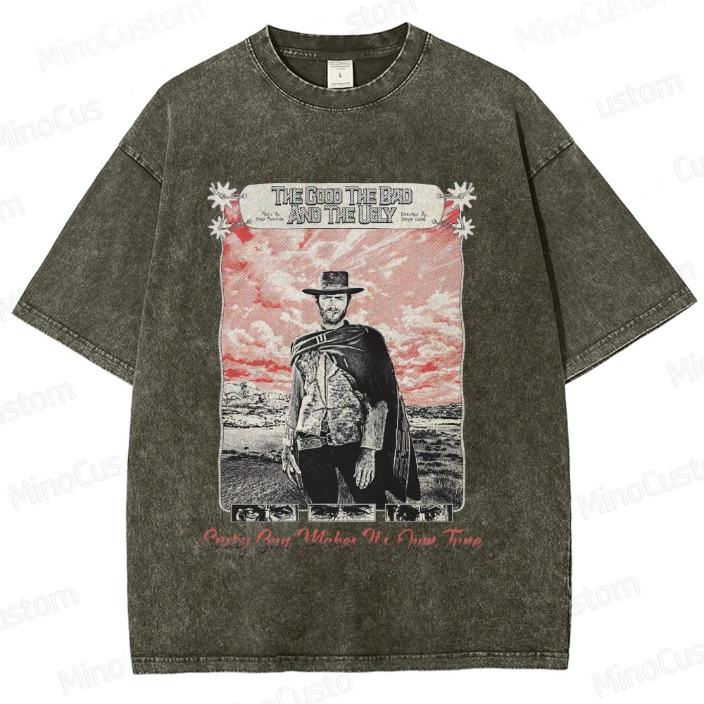 Western Character and Text Themed Washed T - Shirt