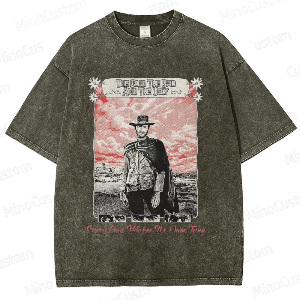 Western Character and Text Themed Washed T - Shirt