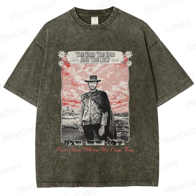 Western Character and Text Themed Washed T - Shirt