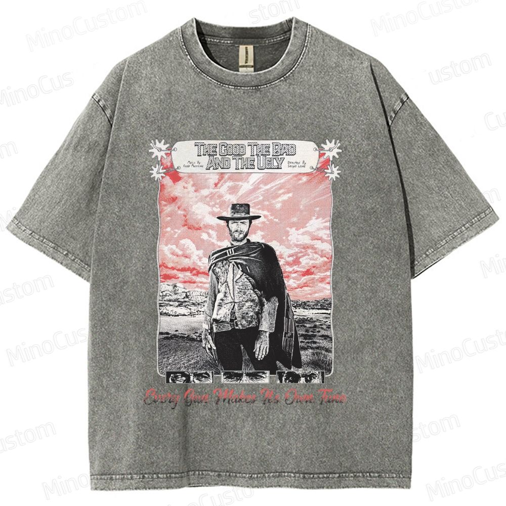 Western Character and Text Themed Washed T - Shirt