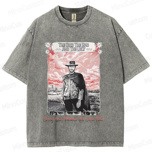Western Character and Text Themed Washed T - Shirt