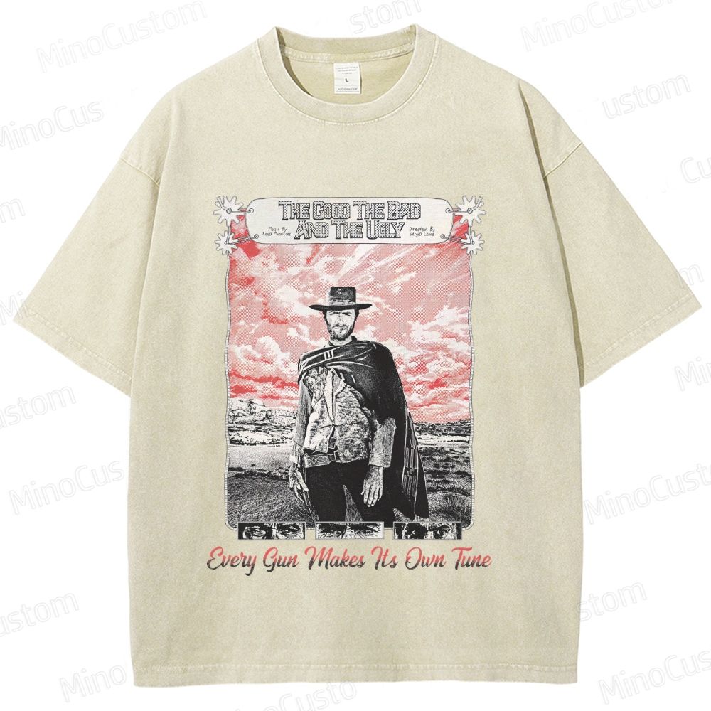 Western Character and Text Themed Washed T - Shirt