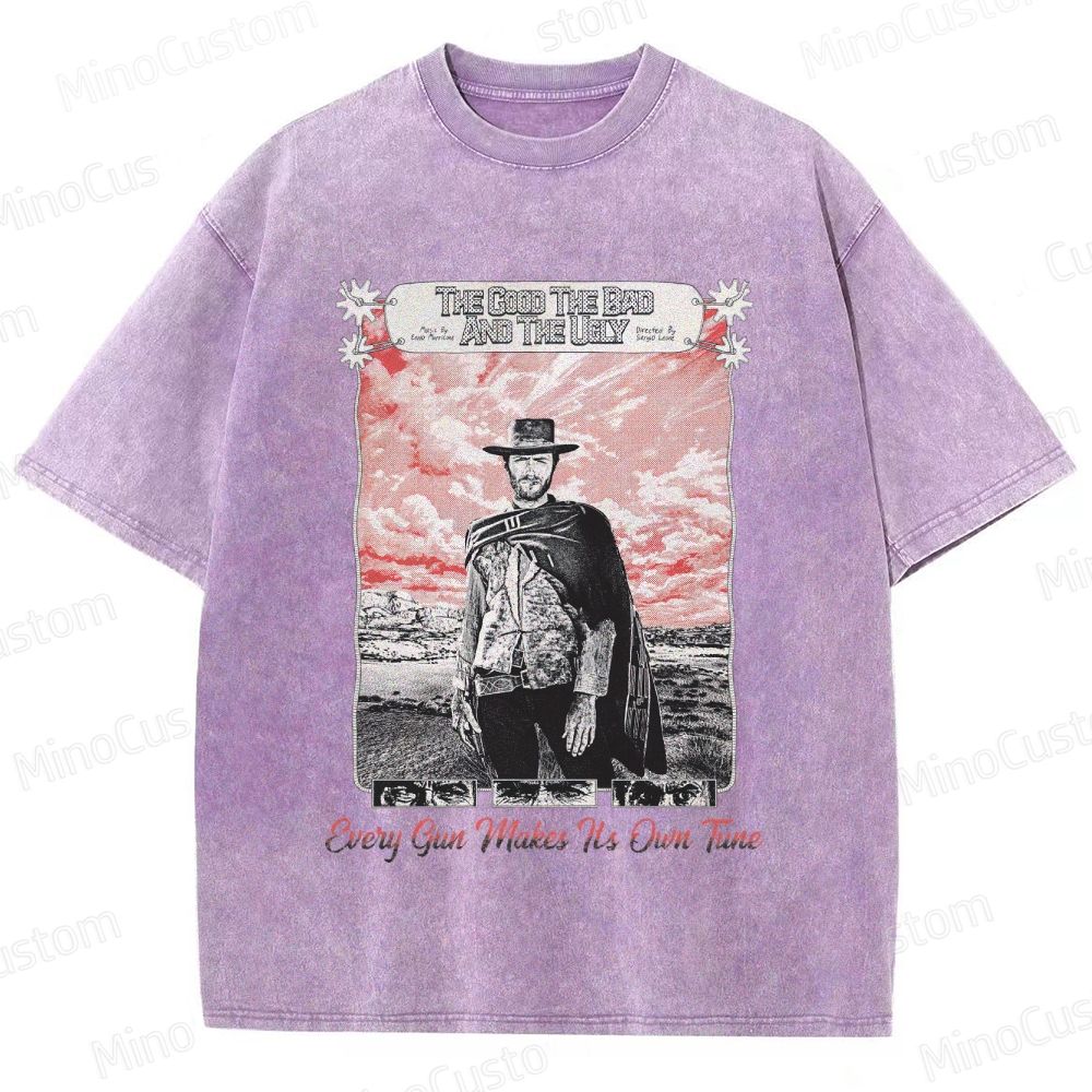 Western Character and Text Themed Washed T - Shirt