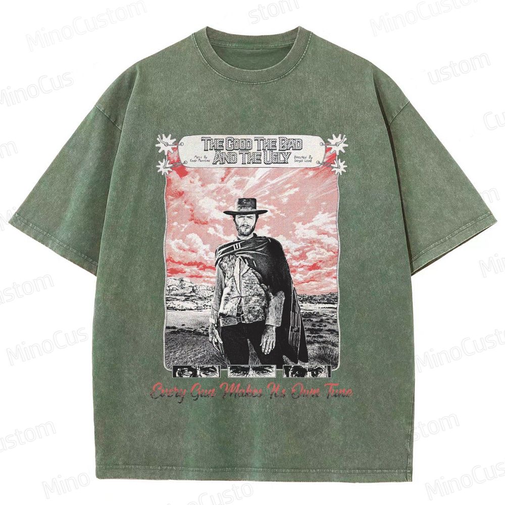 Western Character and Text Themed Washed T - Shirt