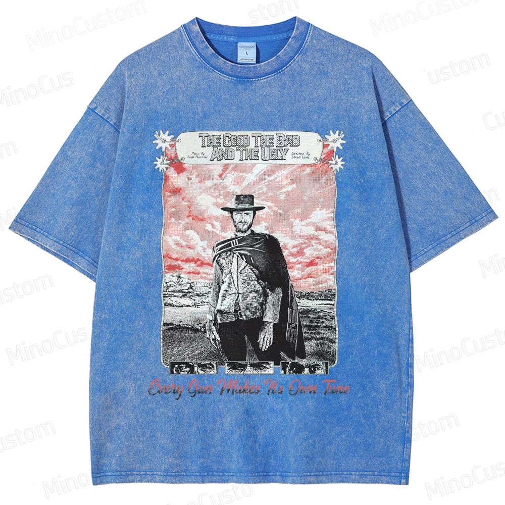 Western Character and Text Themed Washed T - Shirt