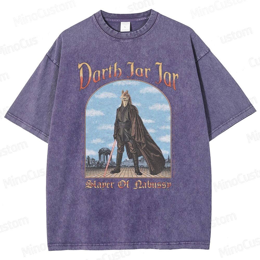 Sci - Fi Character and Lightsaber Themed Washed T - Shirt