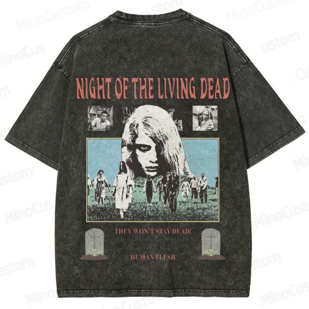 Horror Movie Scene and Text Themed Washed T - Shirt