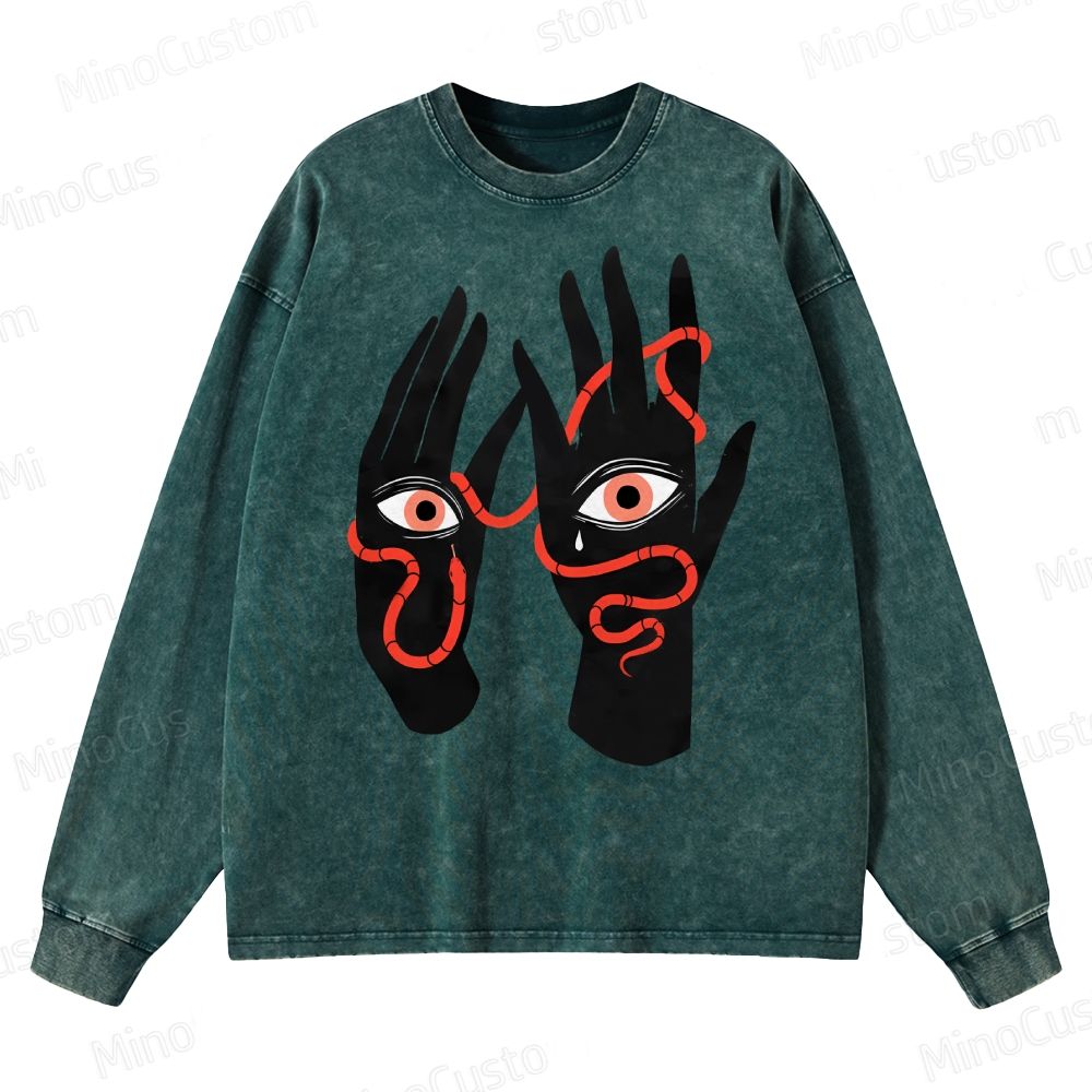 Artistic Hand & Eye Snake Graphic Crewneck Washed Sweatshirt 