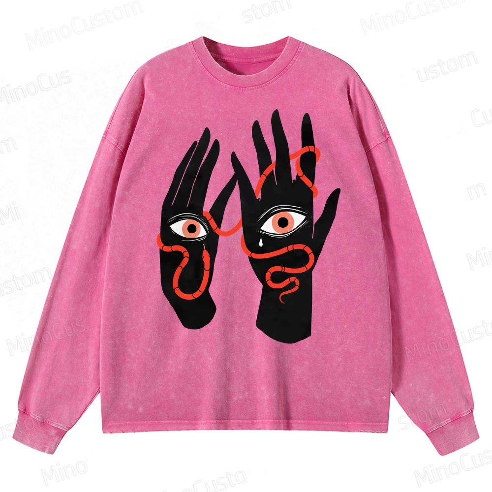 Artistic Hand & Eye Snake Graphic Crewneck Washed Sweatshirt 