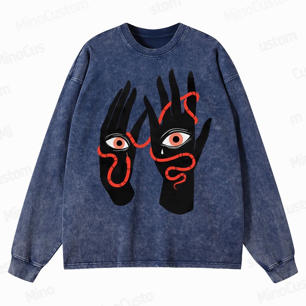 Artistic Hand & Eye Snake Graphic Crewneck Washed Sweatshirt 