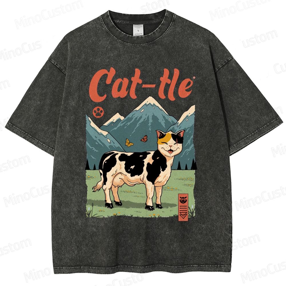 Humorous Cat - Cow Hybrid and Scenic Graphic Short - Sleeve T - Shirt