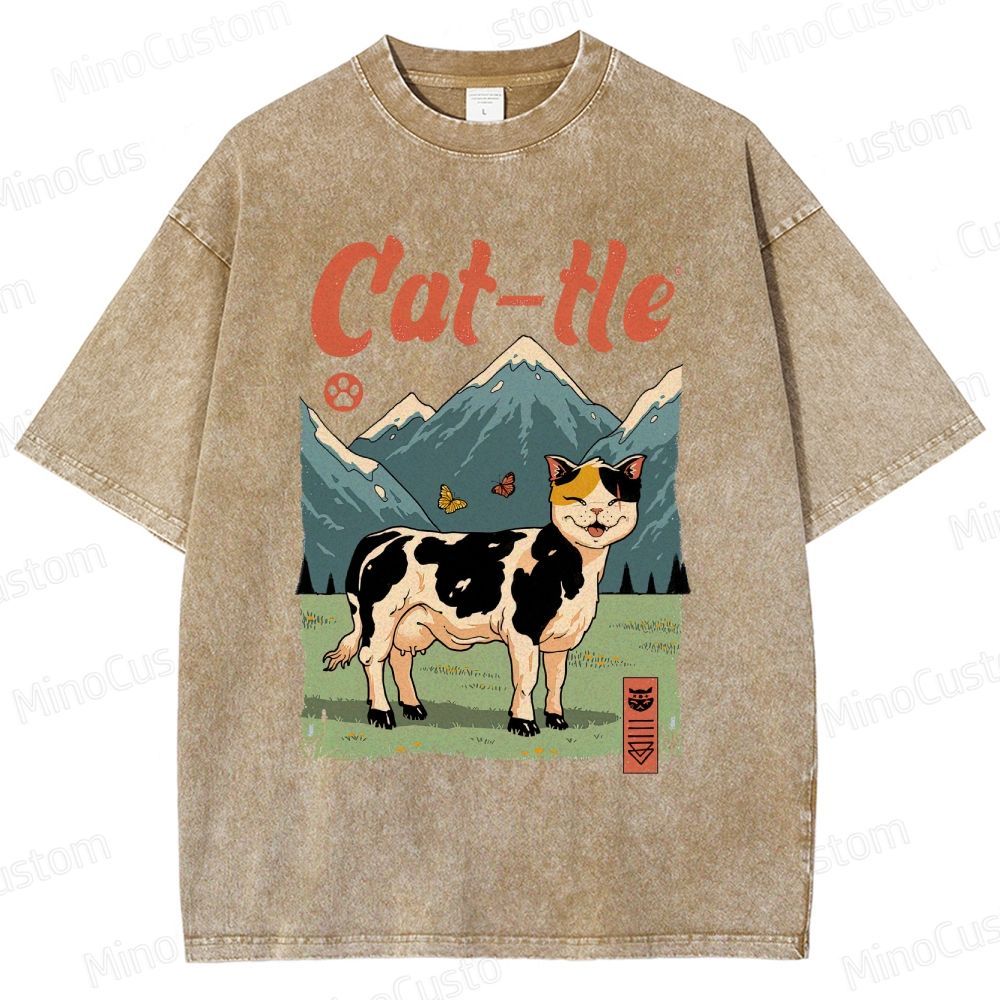 Humorous Cat - Cow Hybrid and Scenic Graphic Short - Sleeve T - Shirt