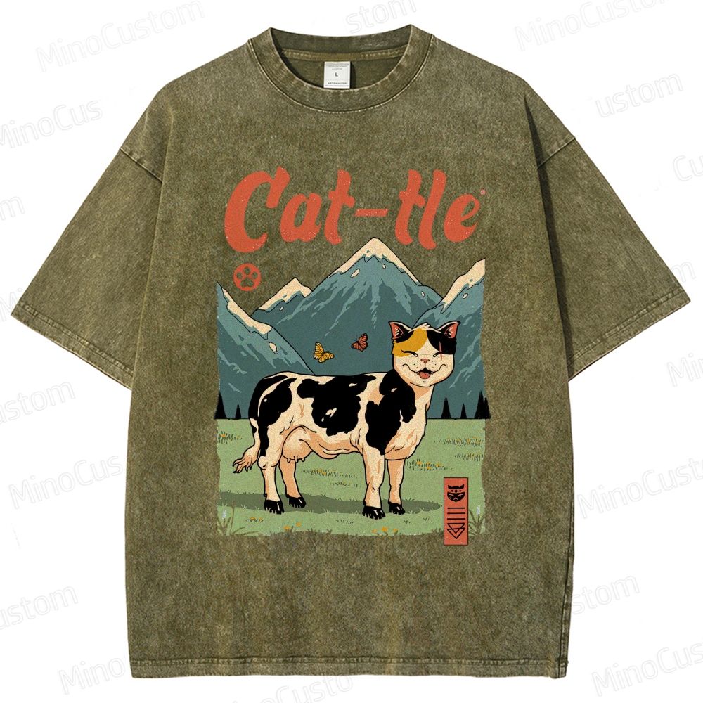 Humorous Cat - Cow Hybrid and Scenic Graphic Short - Sleeve T - Shirt