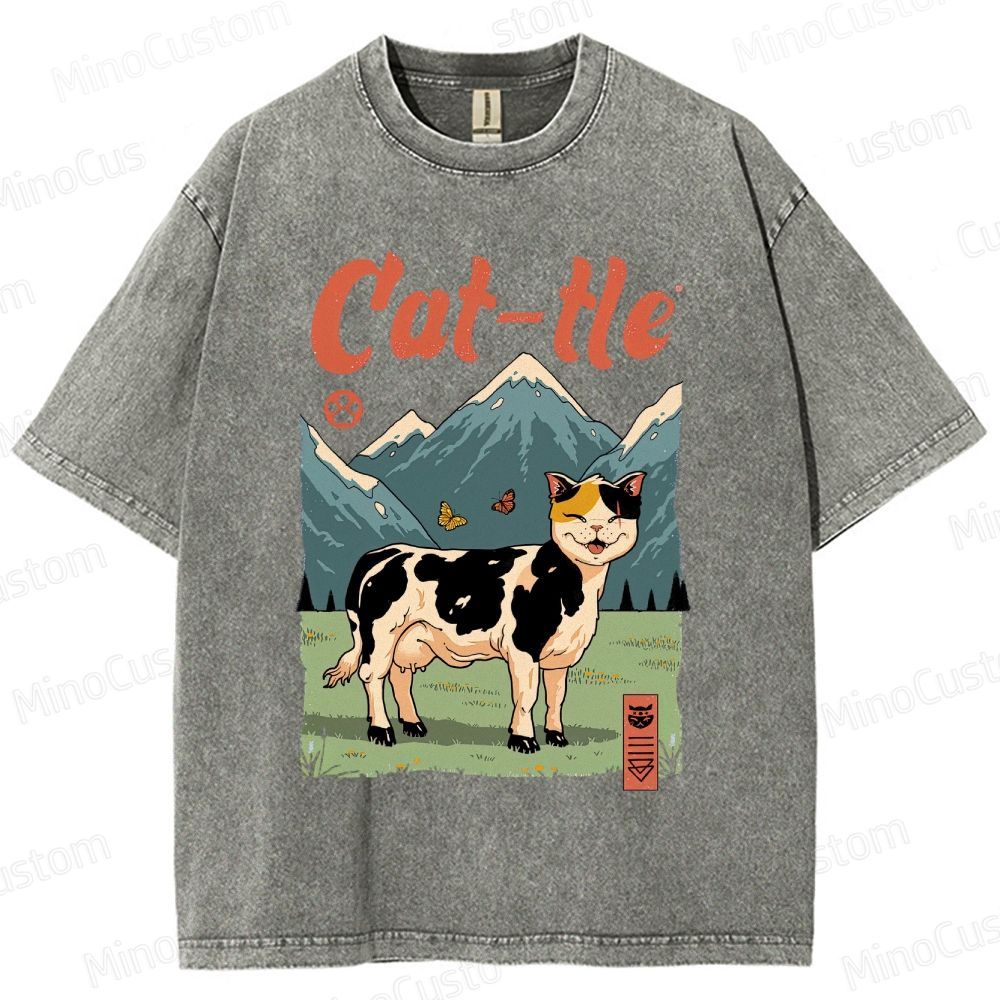Humorous Cat - Cow Hybrid and Scenic Graphic Short - Sleeve T - Shirt