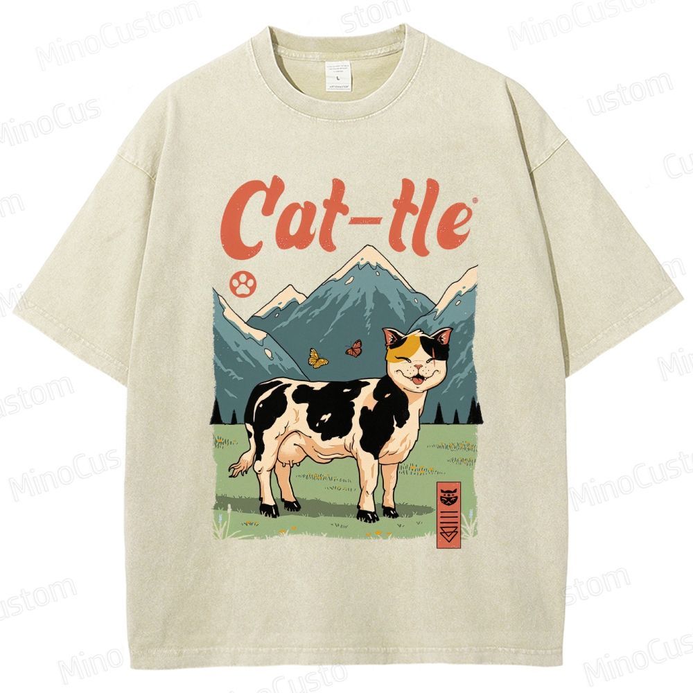 Humorous Cat - Cow Hybrid and Scenic Graphic Short - Sleeve T - Shirt