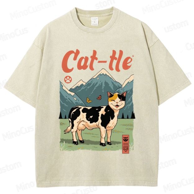 Humorous Cat - Cow Hybrid and Scenic Graphic Short - Sleeve T - Shirt