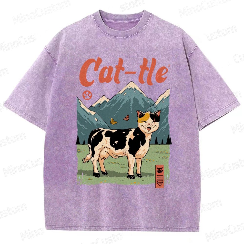 Humorous Cat - Cow Hybrid and Scenic Graphic Short - Sleeve T - Shirt