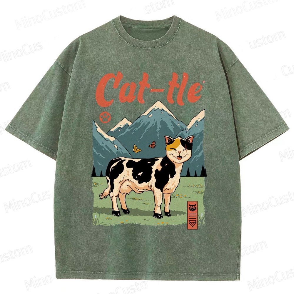 Humorous Cat - Cow Hybrid and Scenic Graphic Short - Sleeve T - Shirt