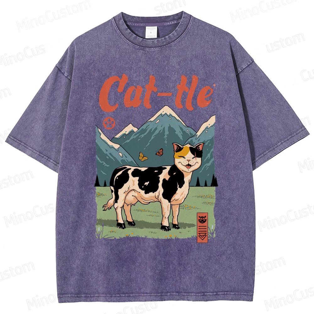 Humorous Cat - Cow Hybrid and Scenic Graphic Short - Sleeve T - Shirt