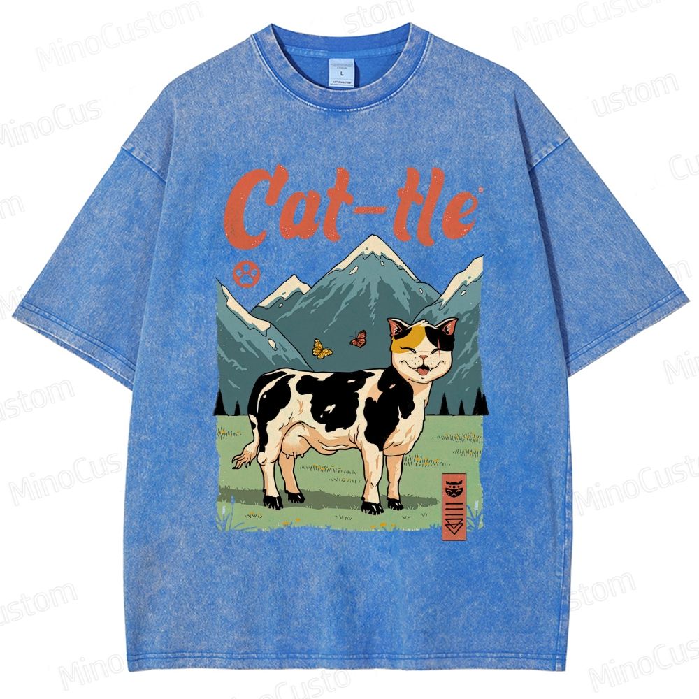Humorous Cat - Cow Hybrid and Scenic Graphic Short - Sleeve T - Shirt