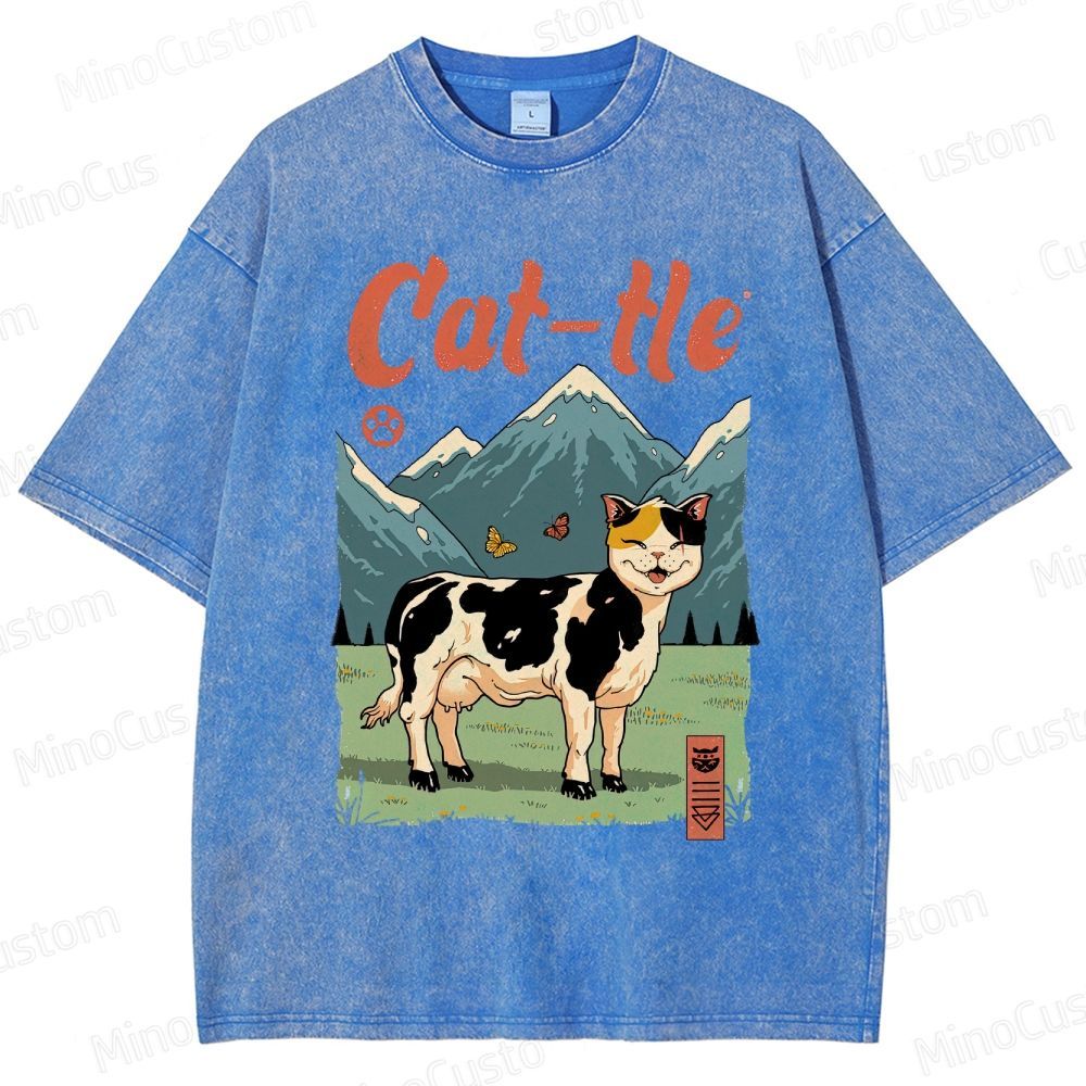 Humorous Cat - Cow Hybrid and Scenic Graphic Short - Sleeve T - Shirt
