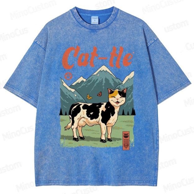 Humorous Cat - Cow Hybrid and Scenic Graphic Short - Sleeve T - Shirt