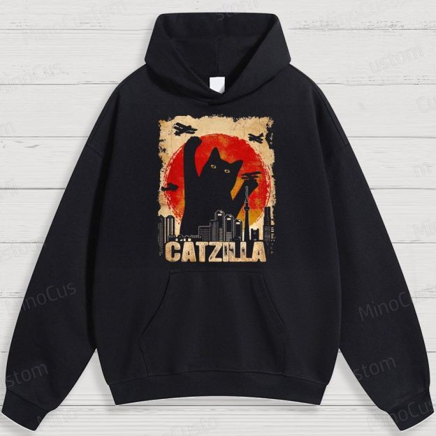 Humorous Cat - Monster and City Graphic Hoodie