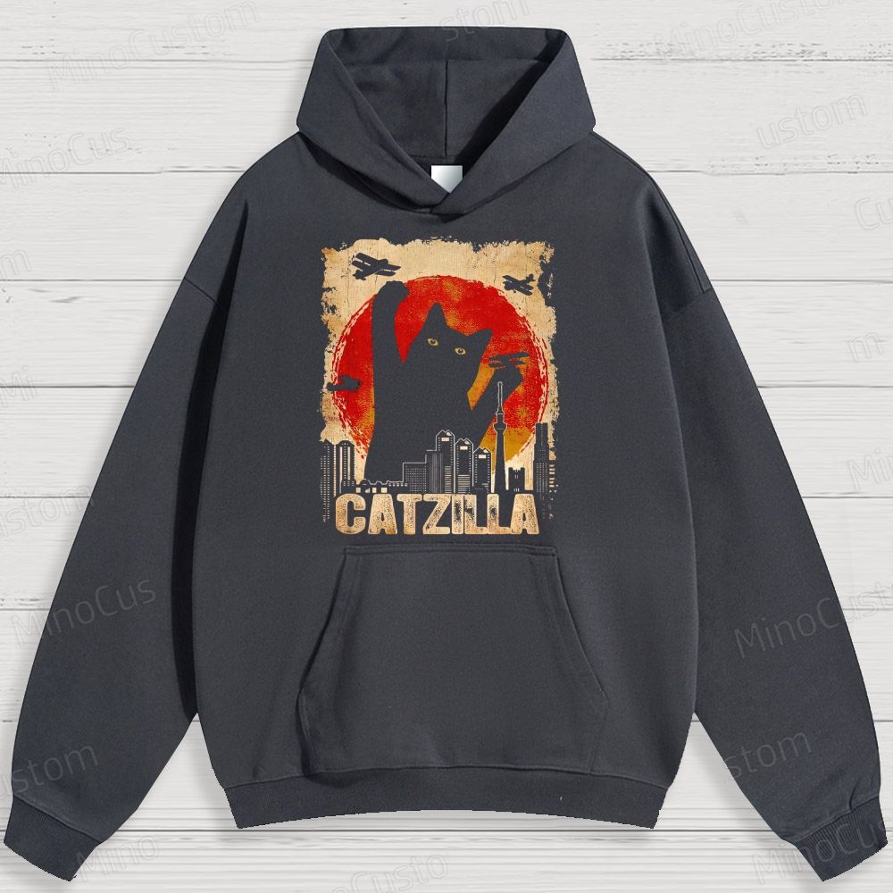 Humorous Cat - Monster and City Graphic Hoodie