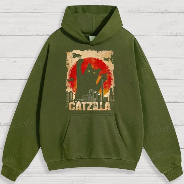 Humorous Cat - Monster and City Graphic Hoodie