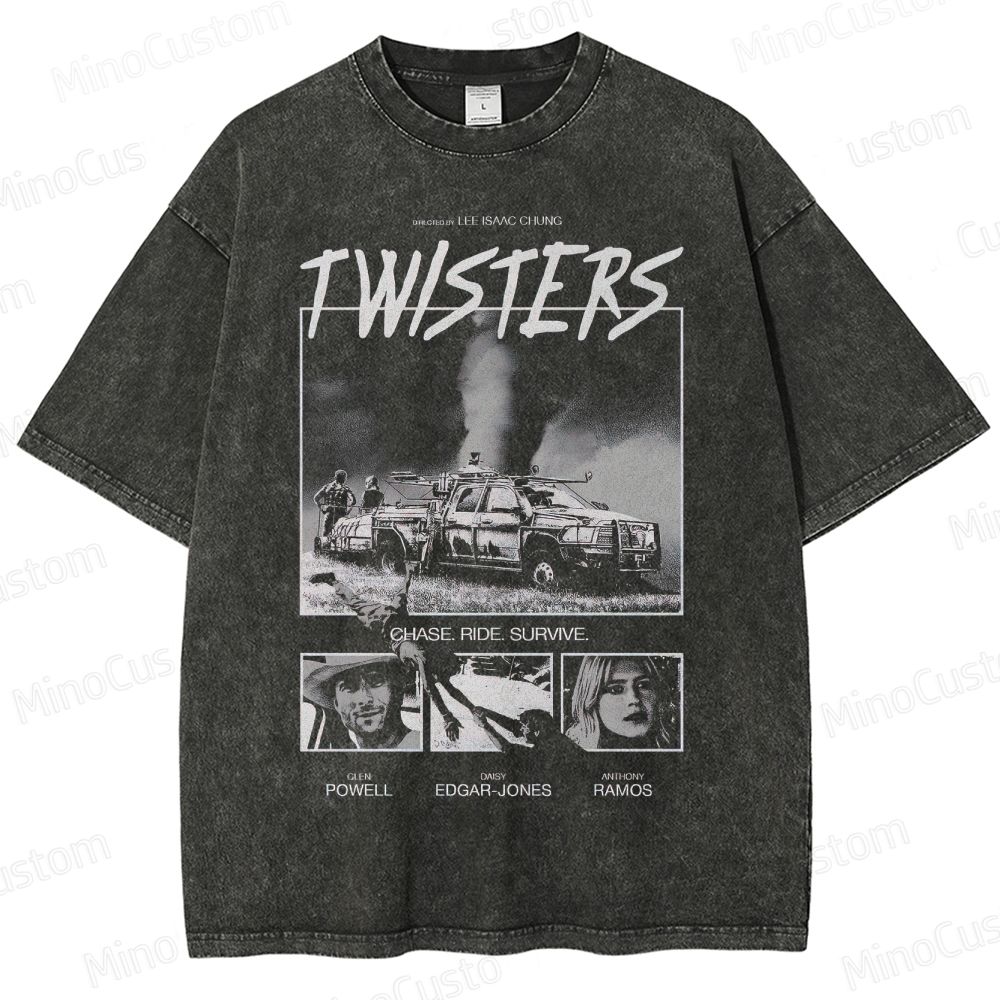 Twisters Tornado Scene and Character Graphic Washed Vintage T - Shirt