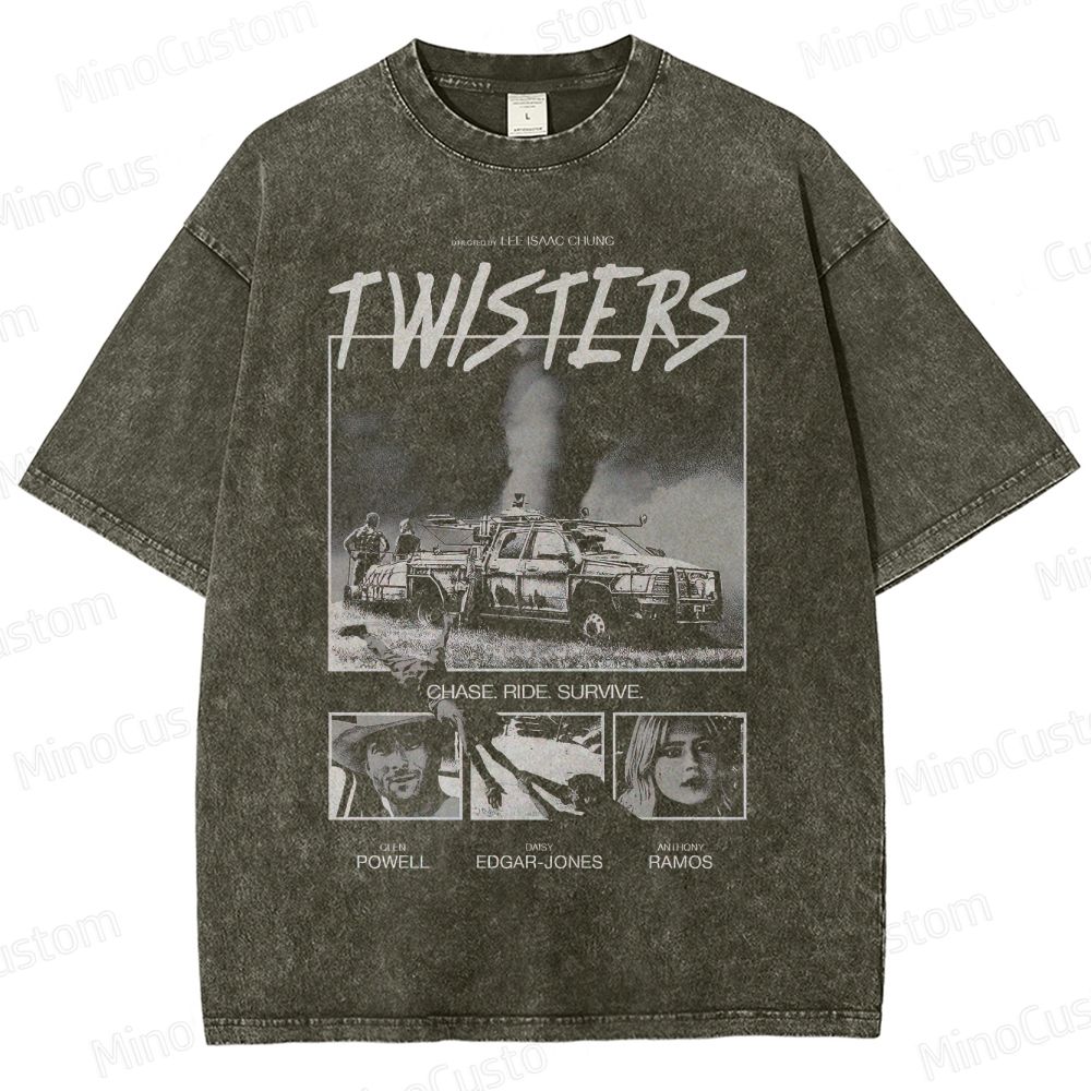 Twisters Tornado Scene and Character Graphic Washed Vintage T - Shirt