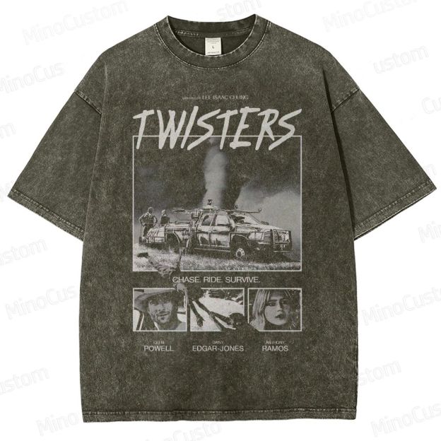 Twisters Tornado Scene and Character Graphic Washed Vintage T - Shirt