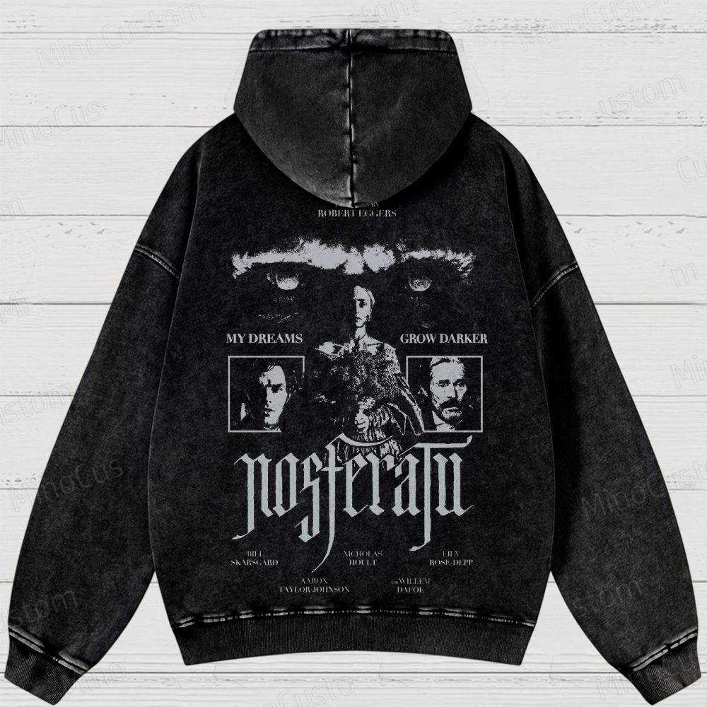Nosferatu Character and Text Graphic Washed Vintage Hoodie
