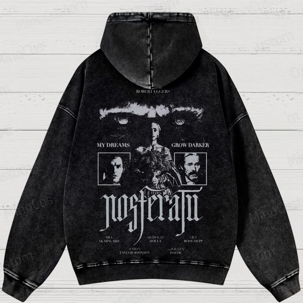 Nosferatu Character and Text Graphic Washed Vintage Hoodie